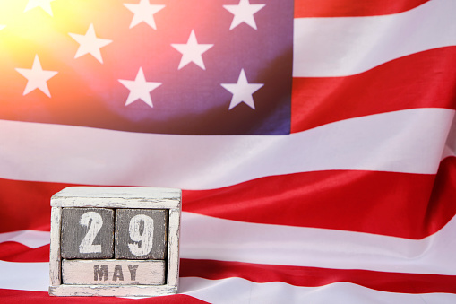 May 29, calendar on background flag United States America, memorial Day concept