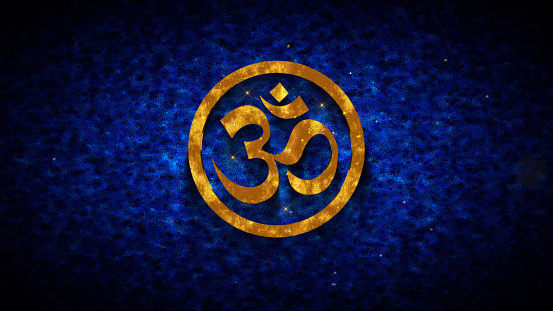 Omkara With Circle Hinduism Symbol Gold Texture On Dark Blue Shiny Grunge Subtle Grain Texture Effect Background
