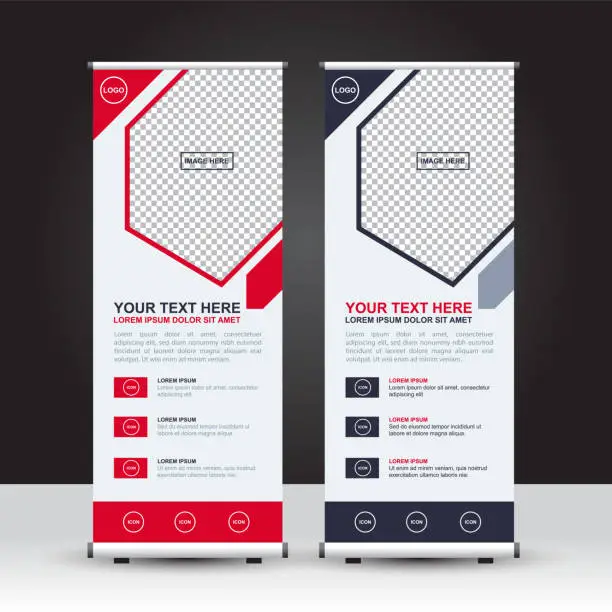 Vector illustration of Roll Up Banner template with the option either red or dark cobalt blue color, standing banner design.