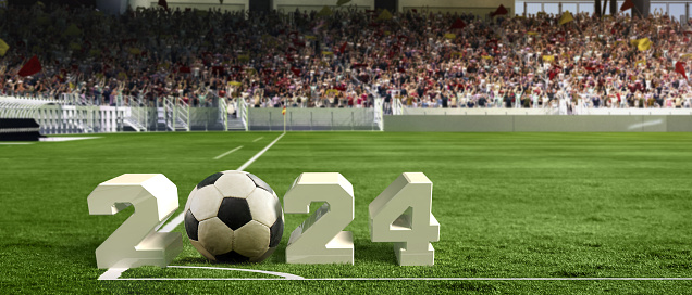 Soccer ball on grass with 2024 of large numerals at crowded stadium. 3D render of sport arena. Upcoming match. Concept of sport, championship, game, competition, tournament. Poster for football events