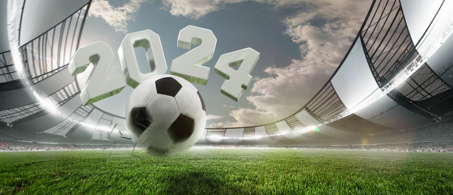 3D render of open air stadium with soccer ball and numerals 2024 at sport arena. Wide angle view. Upcoming match. Concept of sport, championship, competition, tournament. Poster for football events