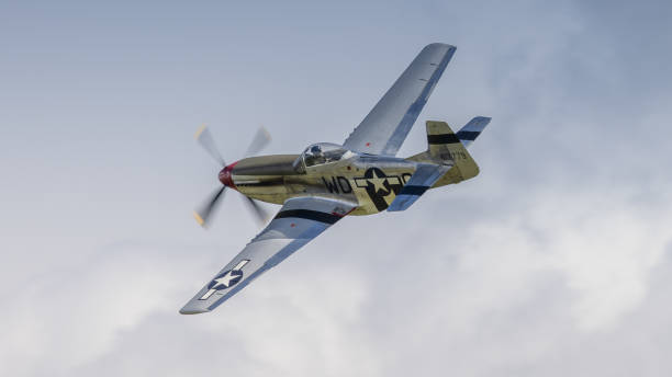 P51 Mustang vintage fighter Cosford,UK - 12th June 2022: A Consolidated P51 Mustang fighter aircraft of world War Two vintage, in flight against a blue sky. Close up shot p 51 mustang stock pictures, royalty-free photos & images