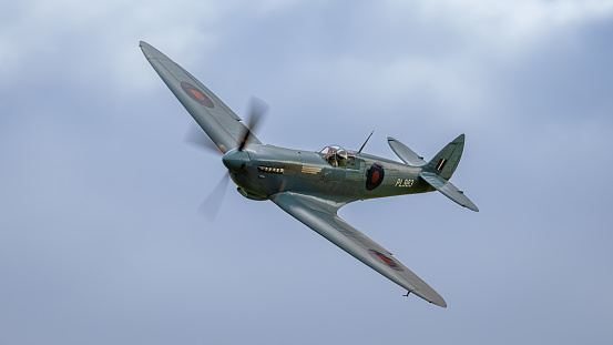 Old Warden,UK - 2nd October 2022: A British World War 2 Spitfire fighter aircraft, in flight close up