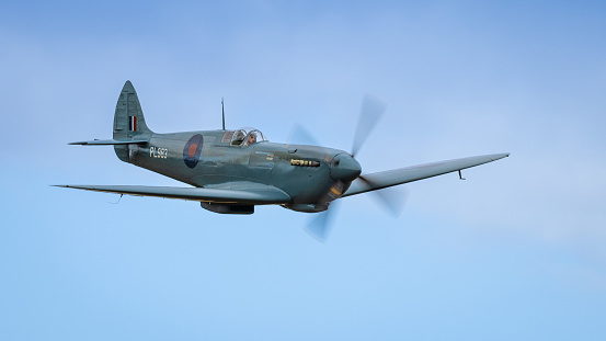 Old Warden,UK - 2nd October 2022: A British World War 2 Spitfire fighter aircraft, in flight close up
