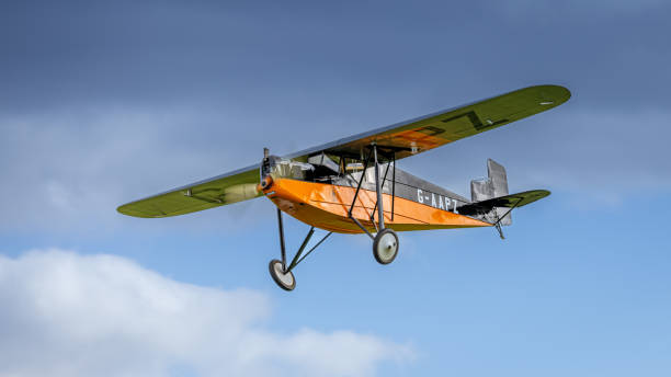 Old Warden, UK - 2nd October 2022: Vintage aircraft 1930 Desoutter MKI in flight low over airfield. Close up shot