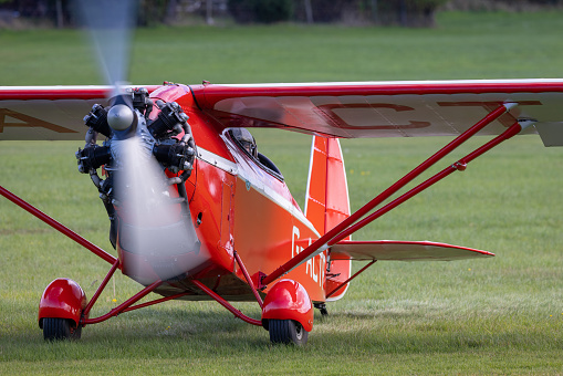 Old Warden,UK - 2nd October 2022:  The vintage 1932 Comper CLA-7 Swift aircraft, taxiing on grass runway after landing