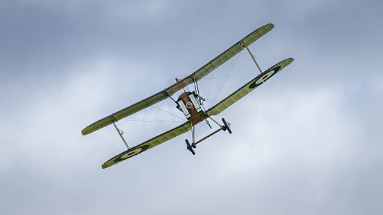 Old Warden, UK - 2nd October 2022: Vintage aircraft Royal Aircraft Factory S.E.5 in flight, low and heading towards camera