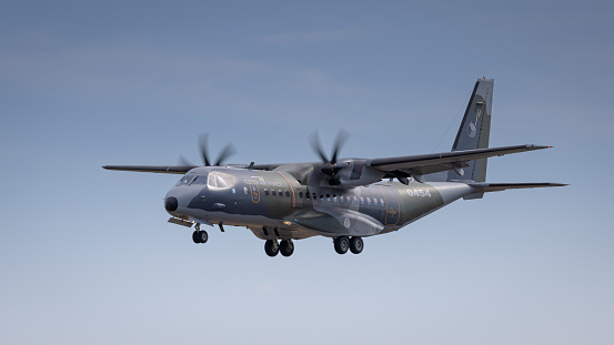 Fairford, UK - 14th July 2022: A Military Transport aircraft Casa C295-M approaching the runway to land