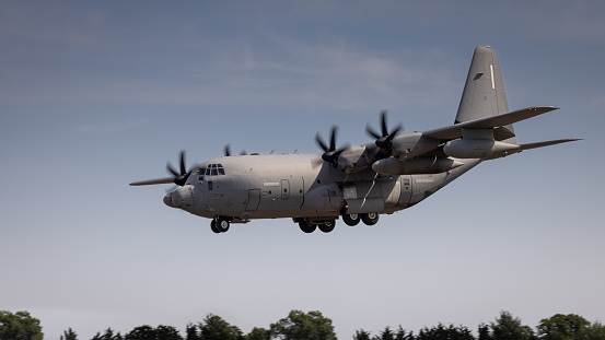 Fairford, UK - 14th July 2022: A Lockheed C-130 Hercules transport aircraft landing at airfield