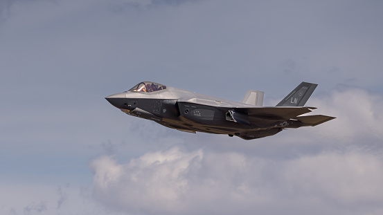 Fairford, UK - 14th July 2022: A Lockheed Martin F-35 Lightning 2 fighter jet, flying past low in height