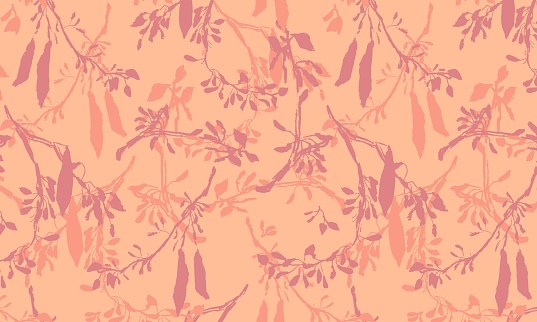 Monochromatic pattern of pink hand drawn wild acacia branch silhouettes on peach-colored background. Sketchy botanical print-like illustration of tropical tree in vector.