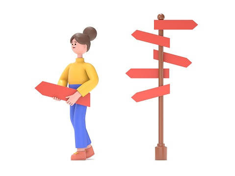 Choose the direction. Directinal concept, 3D illustration in cartoon design.3D illustration of Asian woman Angela.3D rendering on white background.