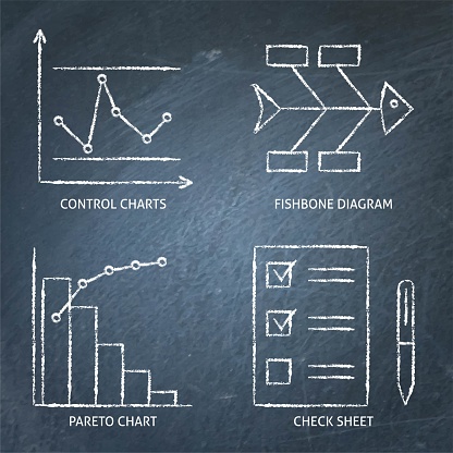 Quality control charts on chalkboard. Efficiency and problem solving diagrams and graphs. Vector illustration