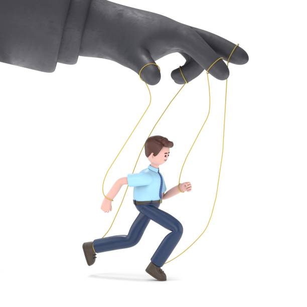 istock Flat 3d isometric style puppeteer business concept web infographics 3D illustration.3D illustration of Asian man Felix puppet and big managing hand. Creative people website conceptual collection. 1965071725