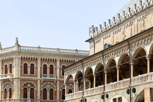 Padova, Veneto, Italy - Jun 22nd, 2023: View of Palazzo della Ragione and Palazzo delle Debite at Piazza delle Erbe in Padua city center