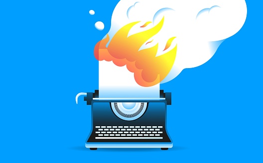Typewriter with burning sheet of paper. Writer's block, mental burnout  concept. Vector illustration.