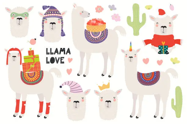 Vector illustration of Set of cute llamas