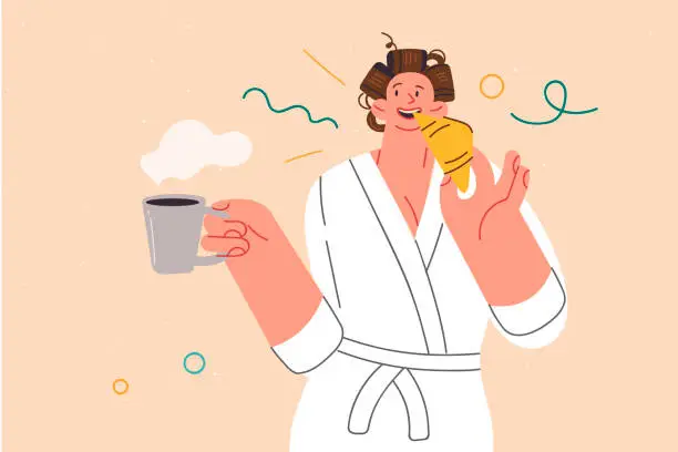 Vector illustration of Woman is having breakfast, eating fresh croissant and holding cup of coffee, standing in bathrobe
