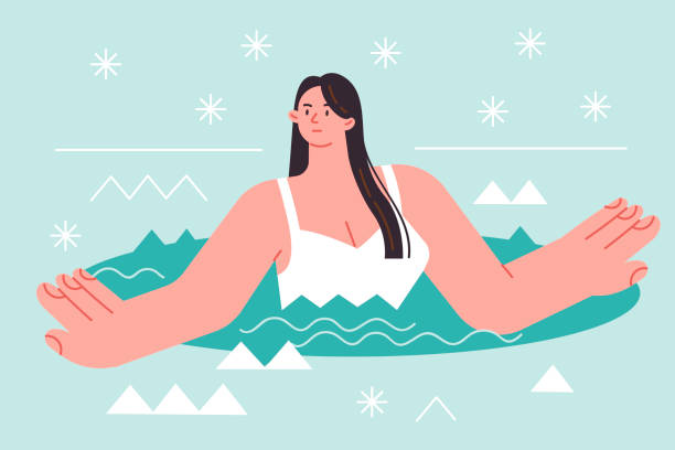 Woman bathes in winter ice hole during snowfall to perform orthodox religious ritual Woman bathes in winter ice hole during snowfall to perform orthodox religious ritual. Walrus girl dives into cold ice hole to have strong immune system that protects against diseases. woman cold water swimming stock illustrations