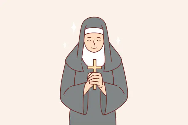 Vector illustration of Nun praying holding catholic cross in hands and bowing to god, dressed in cassock