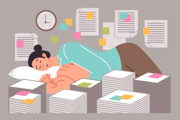 Vector illustration of Woman sleeps in office among documents due to overwork caused by abundance paperwork and deadlines