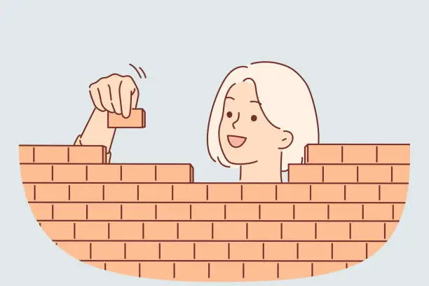 Vector illustration of Woman builds brick wall by carefully stacking blocks, for concept of creating business structures