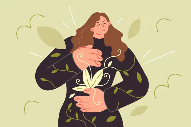 Vector illustration of Woman who cares about environment, feeling responsible for nature, dress with pattern tree petals