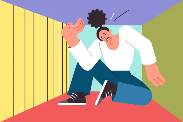 Vector illustration of Woman suffering from claustrophobia sits in cramped box and feels pressure from walls, causing panic