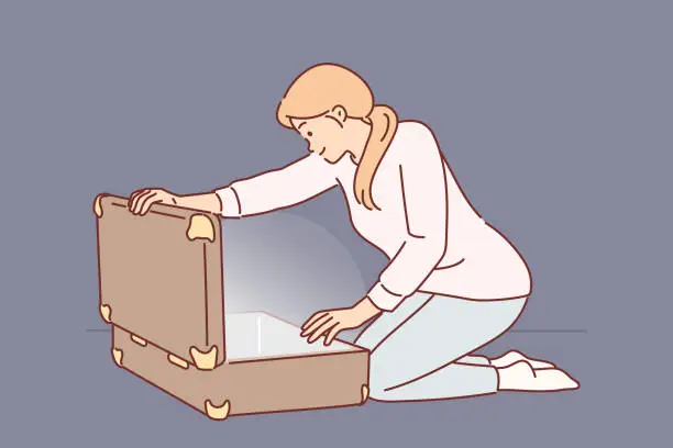 Vector illustration of Woman opens large suitcase and sees glow, for concept of discovering treasure with valuables