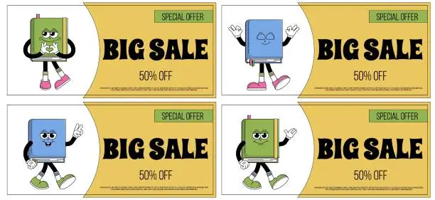 Vector illustration of World book day banners set. Funky character book with psychedelic smile. Retro mascot cartoon style. Bookstore big sale, special offer, coupon. Vector illustration