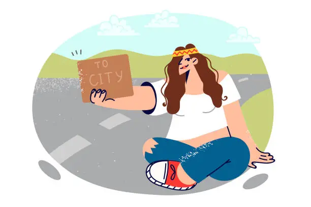 Vector illustration of Woman hitchhikes and sits by road with to city sign to save money on transport and not pay tolls