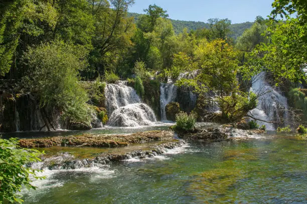 Milancev Buk waterfall at Martin Brod in Una-Sana Canton, Federation of Bosnia and Herzegovina. Located within the Una National Park, it is also known as Veliki Buk or Martinbrodski