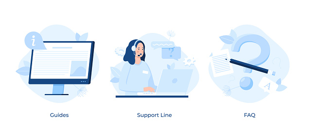 Hotline service and FAQ collection - technical support or call center worker wearing headset, computer with guide information, question mark and pencil. Modern flat vector illustrations for banner.