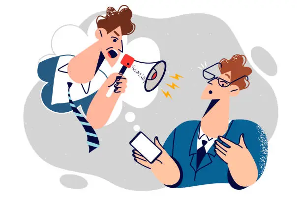 Vector illustration of Employee receives reprimand from boss via voice message in phone, stands near manager with megaphone