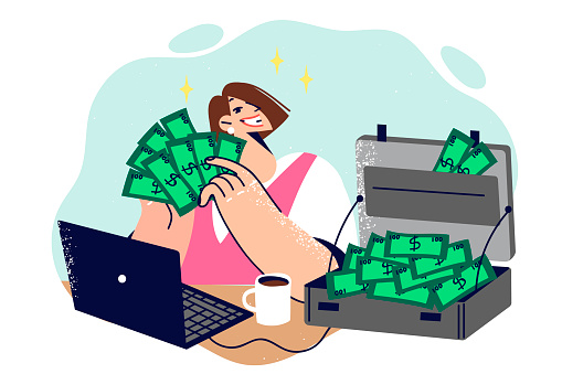 Business woman freelancer with bunch money earned on internet, sitting at table with laptop and dollars. Successful rich girl freelancer promises high income after purchasing online courses