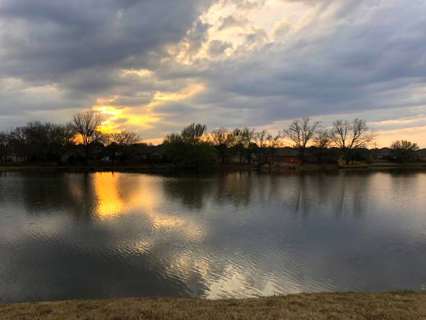 Cloudy skies and sunset over a lake with reflection in the water