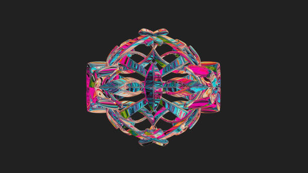 Centrally placed curved and very colorful artfully multi-layered textured abstract symmetrical shape - 3d illustration