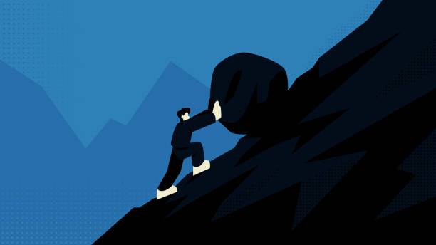 istock Attempt an Uphill Task, Businessman Pushing a Rock up a Mountain Flat Vector Illustration Concept 1965090990