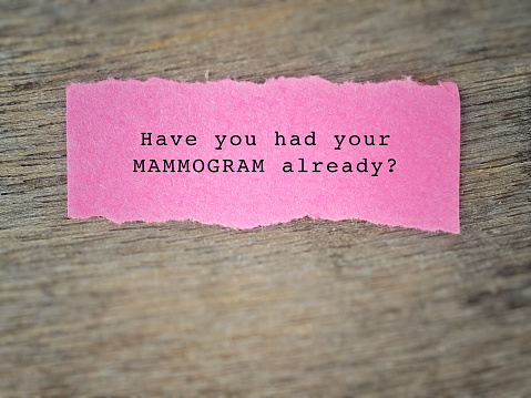 Text of have you had your mammogram already with pink torn paper background. Women health awareness concept. Stock photo