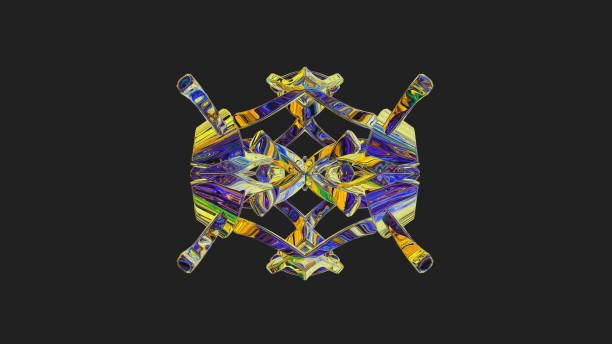 Centrally placed curved and very colorful artfully multi-layered textured abstract symmetrical shape - 3d illustration