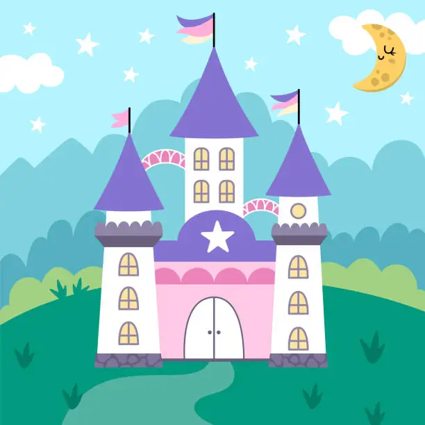 Vector illustration of Vector square background with unicorn castle, field, clouds, stars. Fantasy world scene with palace, purple roofs, towers. Fairytale landscape for card, book. Cute kingdom illustration for kids