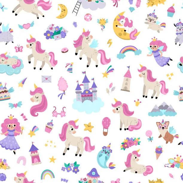 Vector illustration of Vector unicorns seamless pattern. Repeat background with fairytale characters, fairy, animals with horns, castle on cloud, rainbow, falling stars, crystals, sweets. Fantasy world digital paper