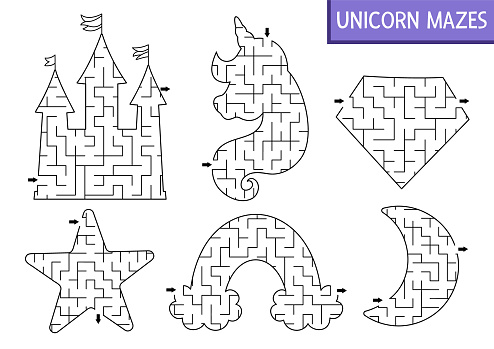 Unicorn geometrical maze set for kids. Fairytale preschool printable activity shaped as horse head, castle, star, rainbow, crystal, moon. Magic or fantasy labyrinth game puzzle collection