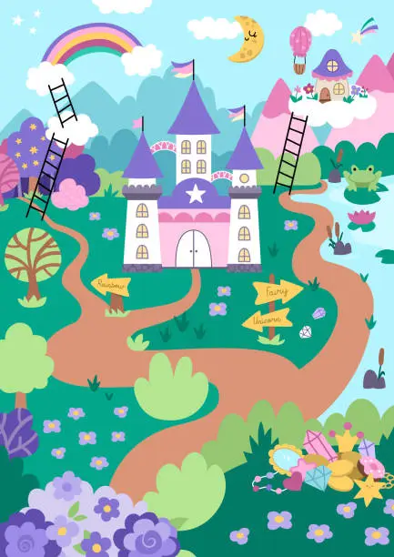 Vector illustration of Vector unicorn themed vertical landscape illustration. Fairytale scene with castle, rainbow, forest, pond, treasures, mountains, garden. Magic nature background. Fantasy world picture for kids