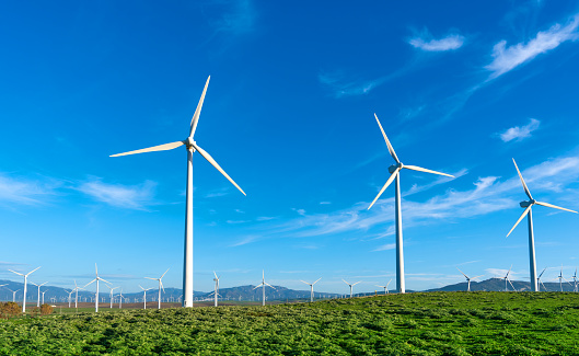 Aerogenerator windmills in Andalusia of Spain in a green grass meadow under blue summer sky