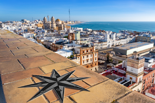 Cadiz city skyline aerial view and Compass Rose in Andalusia of Spain