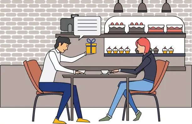 Vector illustration of A man give gift to woman while sitting at a cafe table.