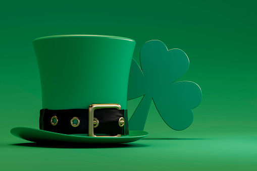 St Patrick's Day background. Leprechaun hat and clover. Digitally generated image. 3d render.