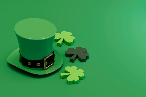 St Patrick's Day background. Leprechaun hat and clover. Digitally generated image. 3d render.