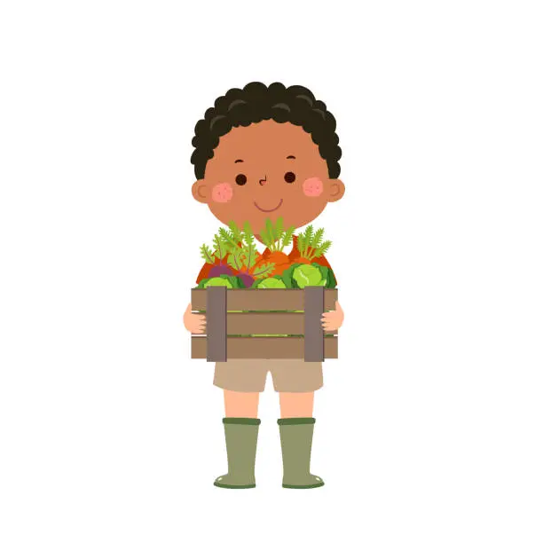 Vector illustration of Farmer boy holding wooden box full of fresh raw vegetables